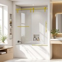 56-60" W x 66" H Brushed Gold Frameless Sliding Glass Bathtub Shower Door - 5/16" (8mm) SGCC Tempered Glass, Leak-Proof Tub Shower Door with Towel Rail and Auxiliary Handle, Easy DIY Install