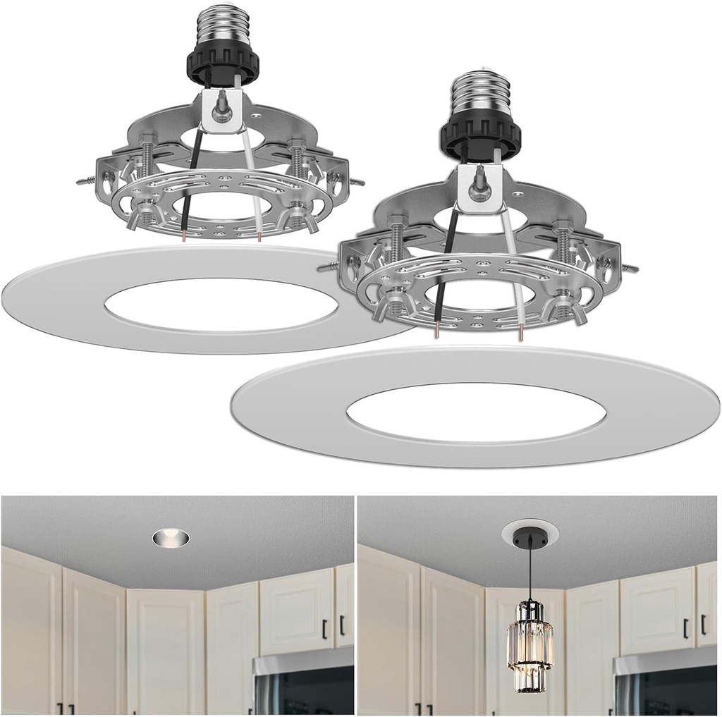 5 and 6 inch Recessed Can Light Conversion Kit, Ceiling Light Fixture Upgrade, Pendant & Hanging, 7¾ Inch Flat Steel Ceiling Medallion, White Finish 2 Packs