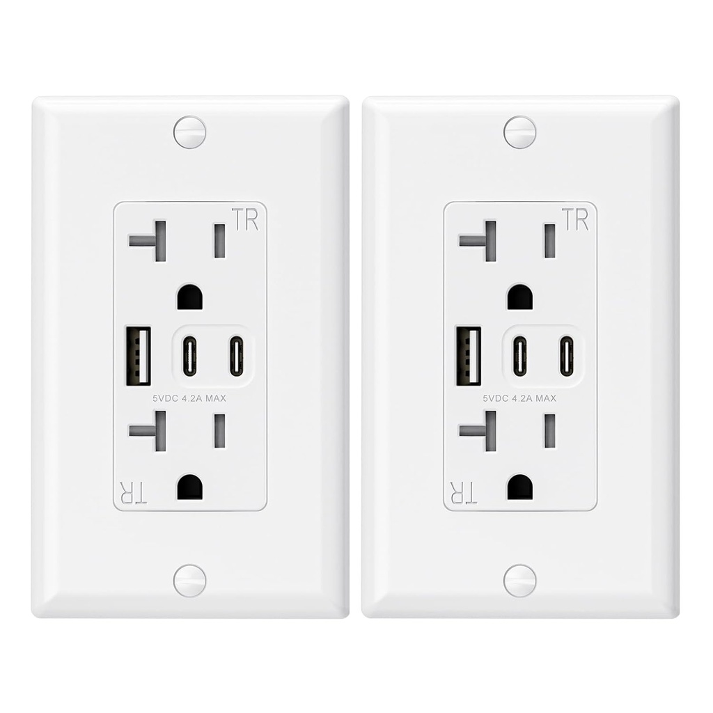 ELEGRP USB Outlets, 20 Amp Wall Outlet with 3 USB Ports, Dual USB C Ports Outlets, TR Tamper-Resistant USB Outlets Receptacles, Wall Plate Included, UL/CUL Listed, 2 Pack, White