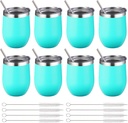 12 oz Insulated Wine Tumbler with Lid and Straw,Stainless Steel Stemless Wine Tumbler Glasses Double Wall Vacuum Wine Cups Tumbler Bulk for Champaign,Cocktail,Office(Mint Green,8)
