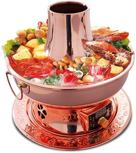 Electric and Charcoal Heating Chinese Beijing Copper Hot Pot, Thickened Copper Mongolian Mutton Two-Flavor Hot Pot, Double Heating Ring Suitable for for Family/Friends, Parties