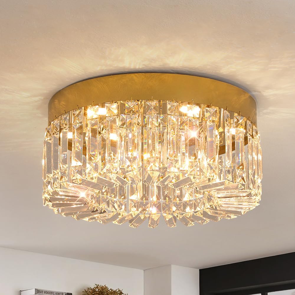 VETRULUS Crystal Chandelier 16Inch Gold Semi Flush Mount Ceiling Light Fixture Modern Chandeliers for Kitchen Dining Room Hallway Bedroom