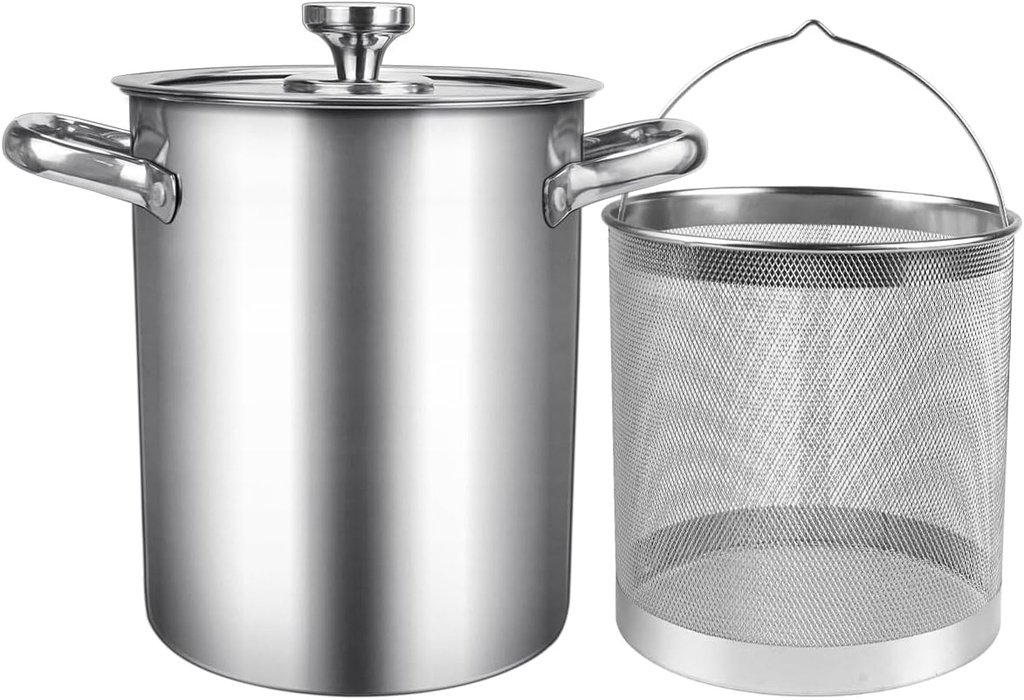 Deep Fryer With Lid and Basket - Stainless Steel Asparagus Steamer 2 in 1 Fry Pot With Mesh Steamer for French Fries, Chicken, Cooking Vegetables