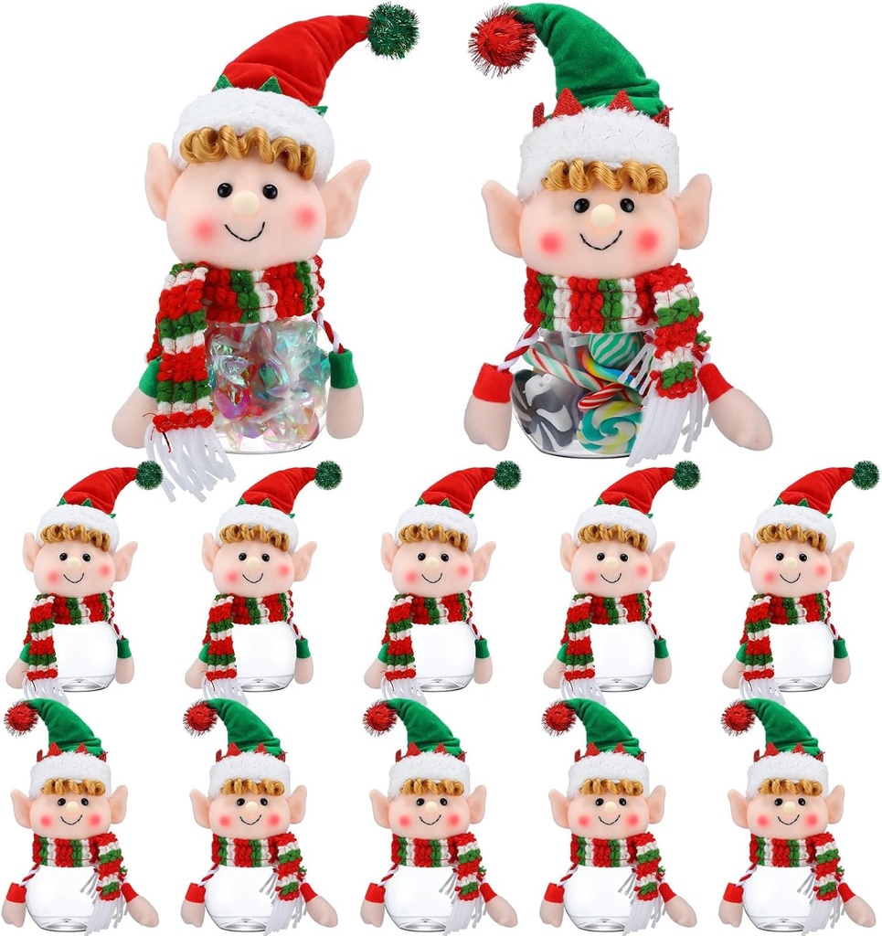 12 Christmas Candy Jars with Snowman Santa Elk Gingerbread Elf Lid 5.91 x 3.15 Inch Plastic Clear Cookie Jar Christmas Snack Food Storage Container for Holiday Party Gift (Elf)