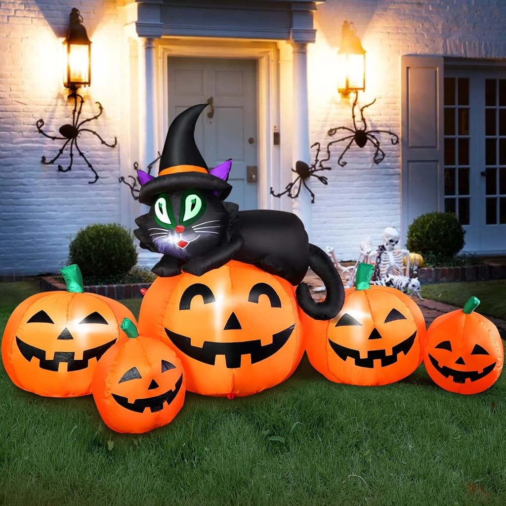 5FT Halloween Inflatable Pumpkin Outdoor Decoration, Lighted Blow Up Yard Decor, 5PCS Pumpkins with Witch’s Black Cat Built-in LED Lights for Balcony Home Holiday Party Lawn Patio Outside Events Prop