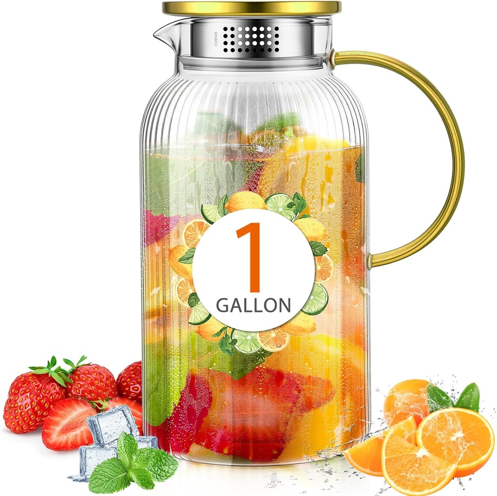 Honeydak 1 Gallon/128 oz Glass Pitcher with Lid and Handle, Heat Resistant Spout Glass Water Pitcher Carafe with Food Grade Leakproof Silicone for Hot/Cold Drinks Water Fridge Beverage Party