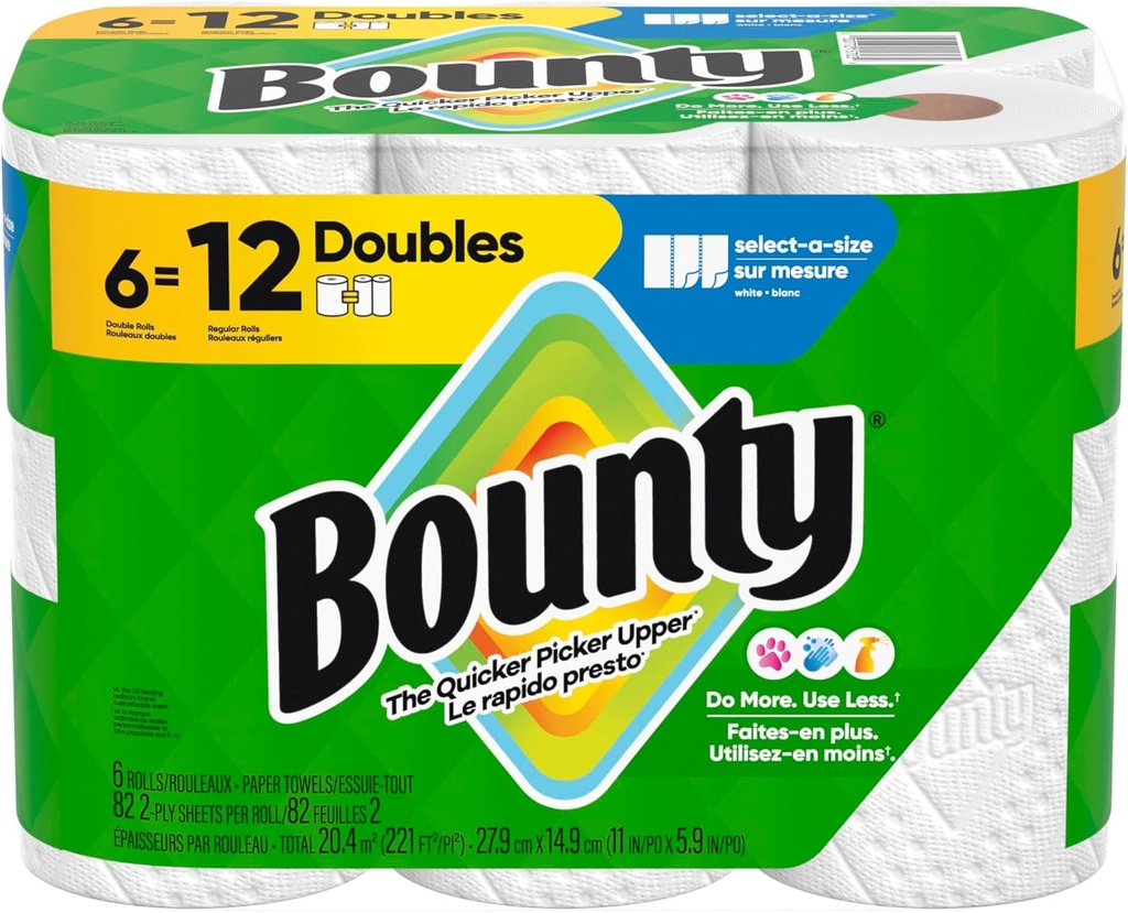 Bounty Paper Towels Select-A-Size White, 6 Double Rolls, 82 Sheets Per Roll