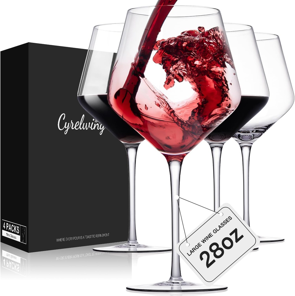 Large Red Wine glasses set of 4-28oz Extra Wine Glasses set of 4 with stem-Hand Blown Crystal Big Red Wine Glasses-Light,Thin,Large Cabernet Sauvignon Glasses