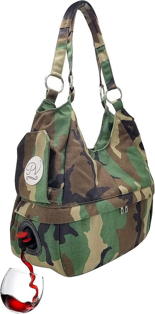 PortoVino Swankey Camo Beverage Wine Tote | Hidden, Insulated Flask Compartment Wine Dispenser | Holds, Pours 4 Bottle of Chilled Wine | Perfect for Traveling, Concerts, Bachelorette Party