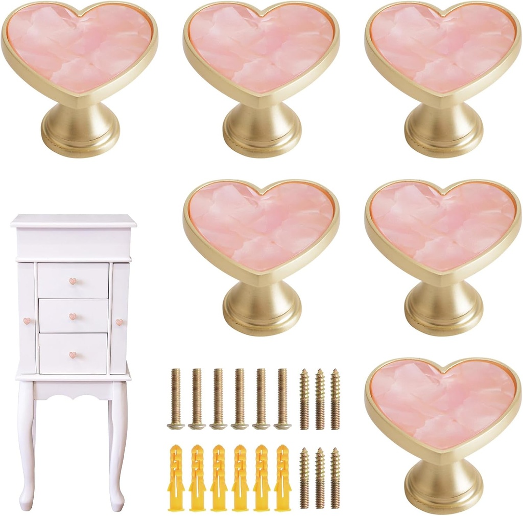 MOROBOR Pink Zinc Alloy Heart-Shaped Knob, 6pcs Cabinets Dresser Drawer Knobs Furniture Wardrobe Bathroom Decorative Pulls Cabinets Door Knob Pull Handle for Living Room Bedroom Kitchen