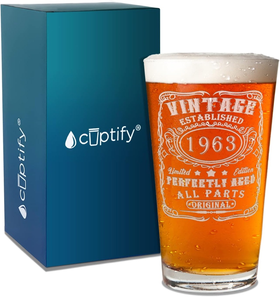 Cuptify 62nd Birthday Gift Perfectly Aged 62 Years Old Established 1963 Vintage Etched 16 oz Beer Pint Drinking Glasses For Men