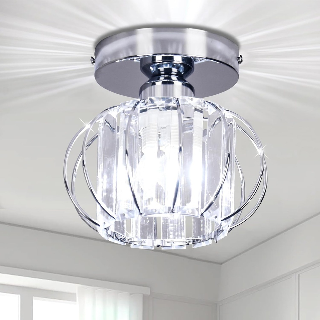 FRIXCHUR Small Chandelier Semi Flush Mount Ceiling Light Fixture Chrome Crystal Ceiling Lighting Modern Crystal Ceiling Light Fixture for Hallway Closet Kitchen Island Dining Room Bedroom E26 Base