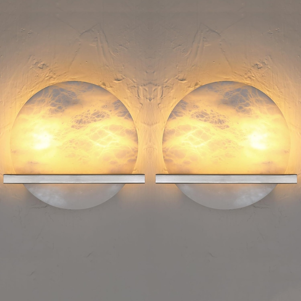 2 Pack 2 Light 10" Naturel Alabaster Marble Bathroom Wall Sconce Modern Concise Style Wall Light Fixture,Brushed Nickel Finish for Dining Room Bedroom Hallway Bedside