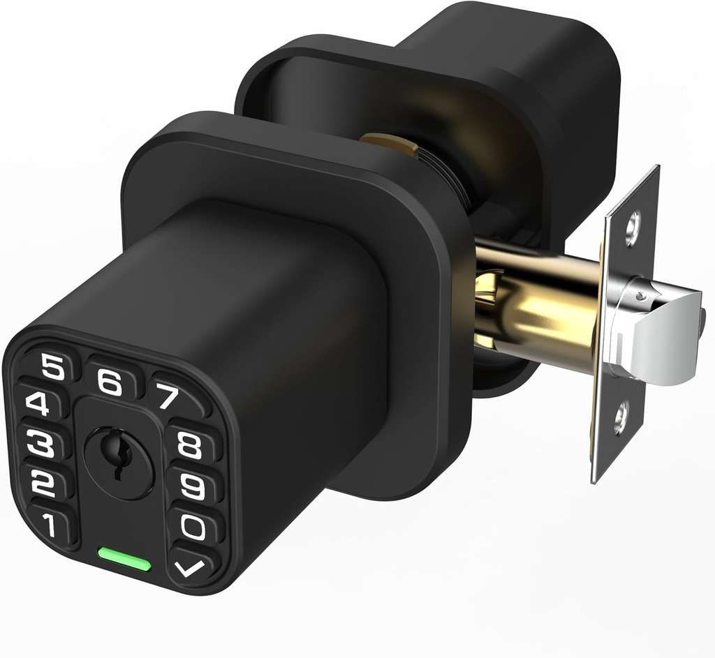 Square Door Knob with Keypad, Keylees Entry Door Lock with Cylinder, Auto Lock, Waterproof & Weatherproof Code Doorknob for Outdoor & Indoor, Bedroom, Entry Door,Office -Matte Black