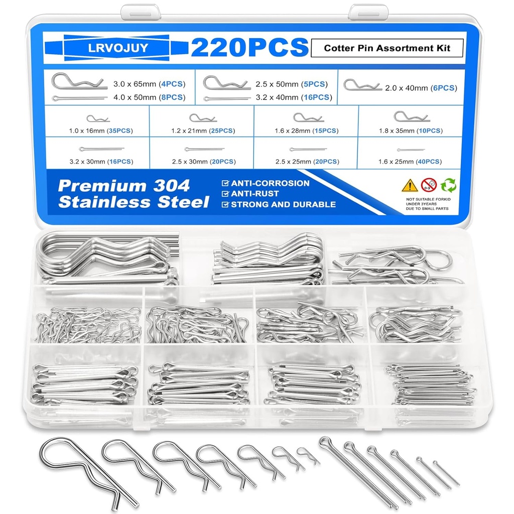 220PCS Cotter Pin Assortment Kit, 13 Sizes Premium 304 Stainless Steel Cotter Pins, Heavy Duty R Clips & Hairpin Cotter Pin Set, Hardware Pins for Automotive, Trailer, Hitch Pin Lock System
