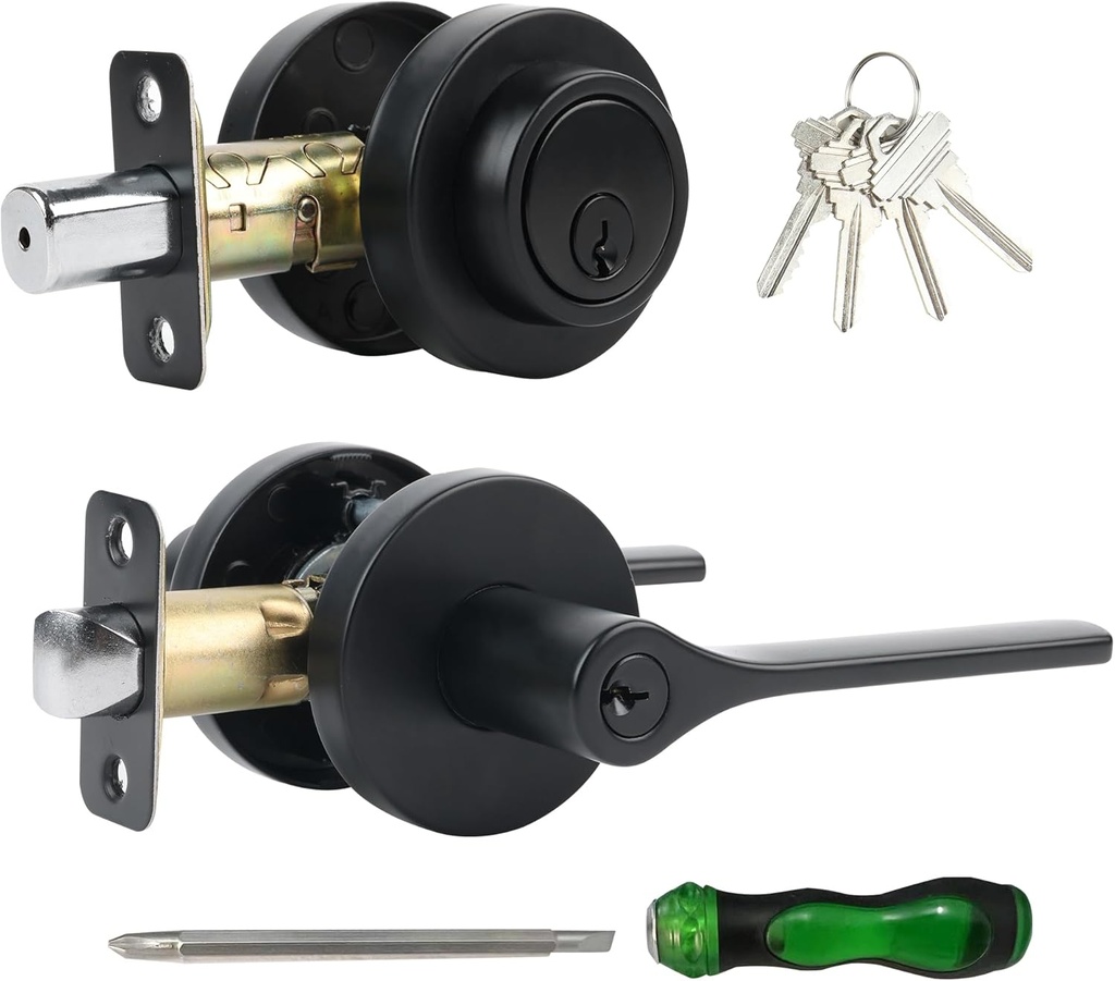 Exterior Door Lock Set,Combo Lock-Heavy Duty Black Door Handle and Single Cylinder Deadbolt Lock,Front Door Lock Set,Keyed Alike Door Locks for Front Door(Matte Black,1Pack Set)