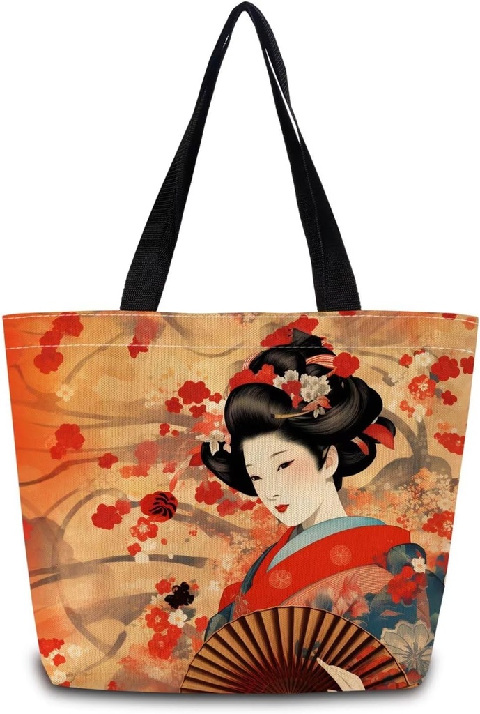 Floral Japaniese Geisha Tote Bag Reusable Grocery Bags Aesthetic Shopping Shoulder Handbag with Interior Pocket Washable Stylish Floral Japaniese Geisha Present for Women