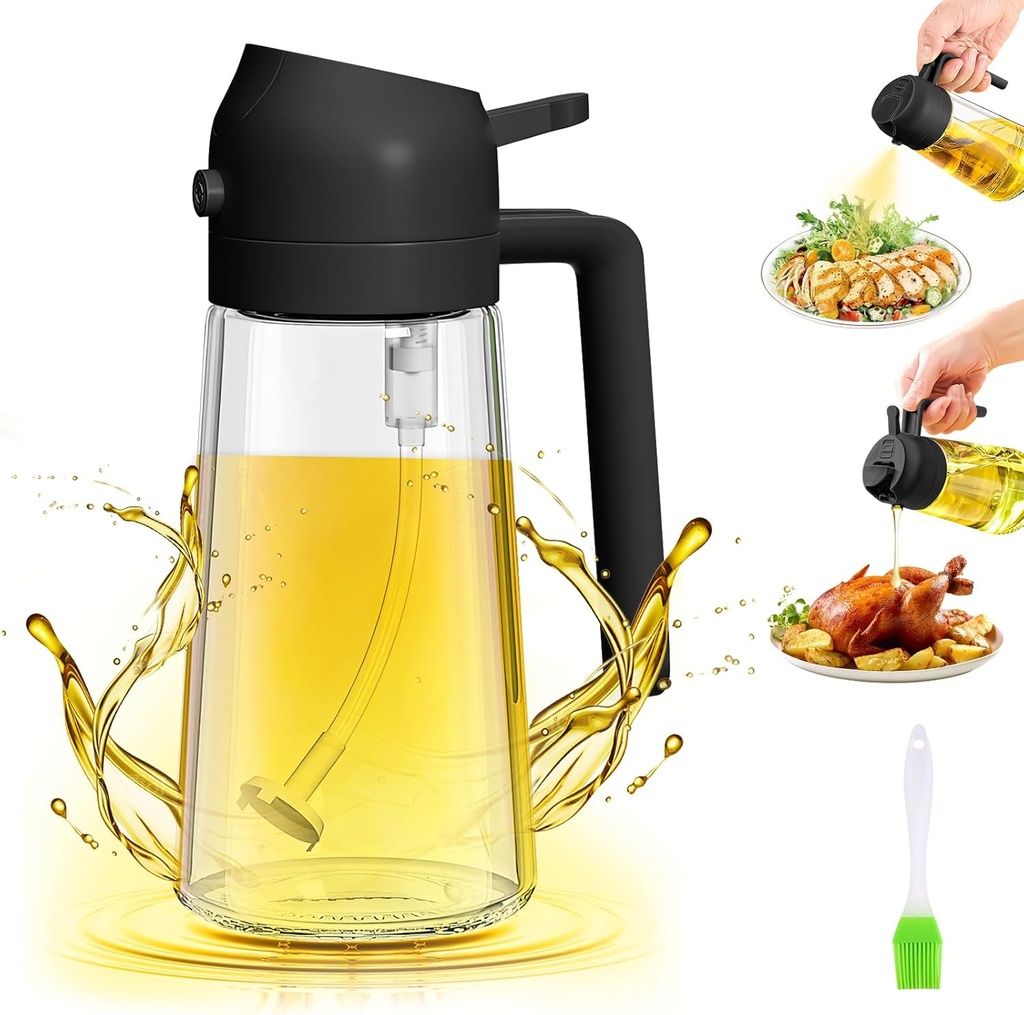 2 in 1 Glass Oil Sprayer&Dispenser,2024 New 2-in-1 Olive Oil Dispenser Bottle for Kitchen 470ml with brush,Food-grade Oil Mister Spray Bottle for Cooking, Air Fryer,Salad,BBQ(Black, 470ml)