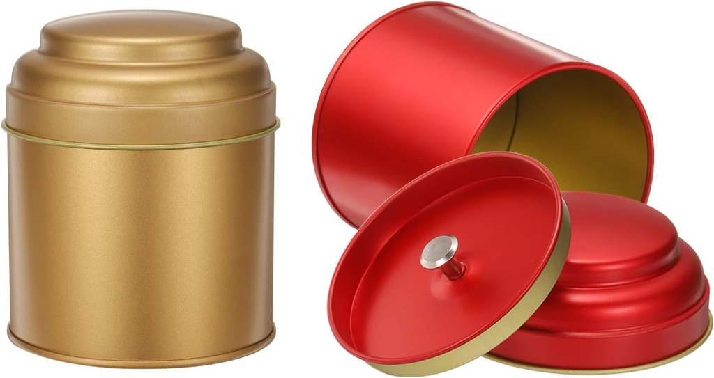uxcell 2 Pcs Tea Tins Canister with Airtight Double Lids, 8 Fluid Oz Small Round Tin Can Box, Kitchen Canister Containers for Loose Tea Coffee Candy Spices, Bronze Gold, Red