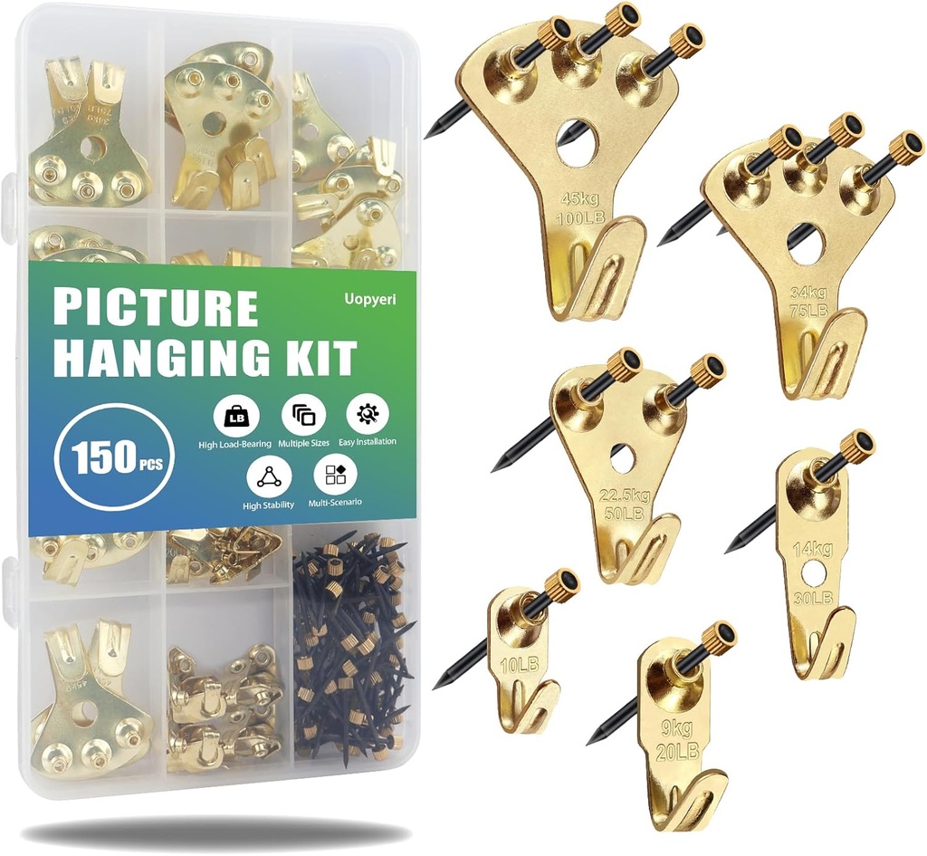 150Pcs Heavy Duty Picture Hangers Kit, Supports 10-100 lbs – Premium Wall Hanging Hooks with Nails for Drywall & Wood, Ideal for Pictures, Clocks, Mirrors, and Home Decor