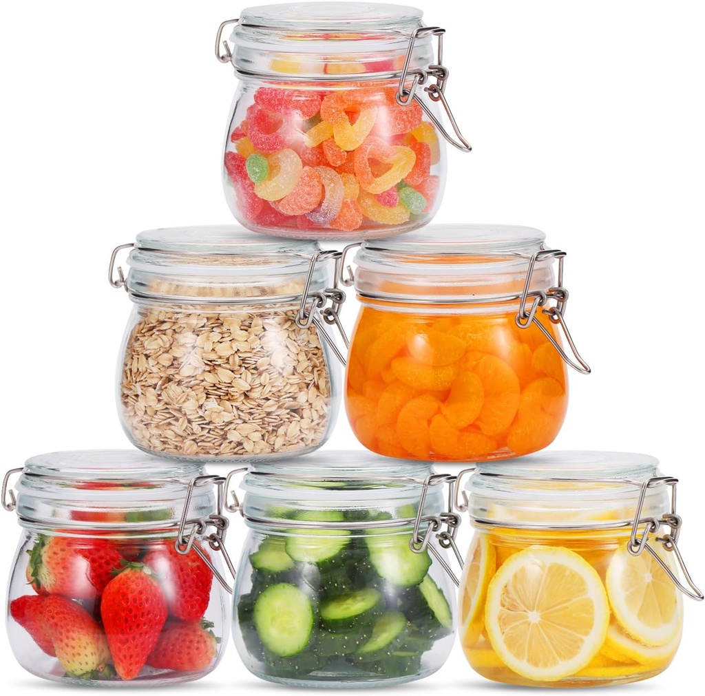 17 oz Glass Jars with Airtight Lids And Leak Proof Rubber Gasket, Wide Mouth Mason Jars with Hinged Lids for Kitchen Canning Cereal,Pasta,Sugar,Beans,Spice, Glass Storage Containers, Set of 6