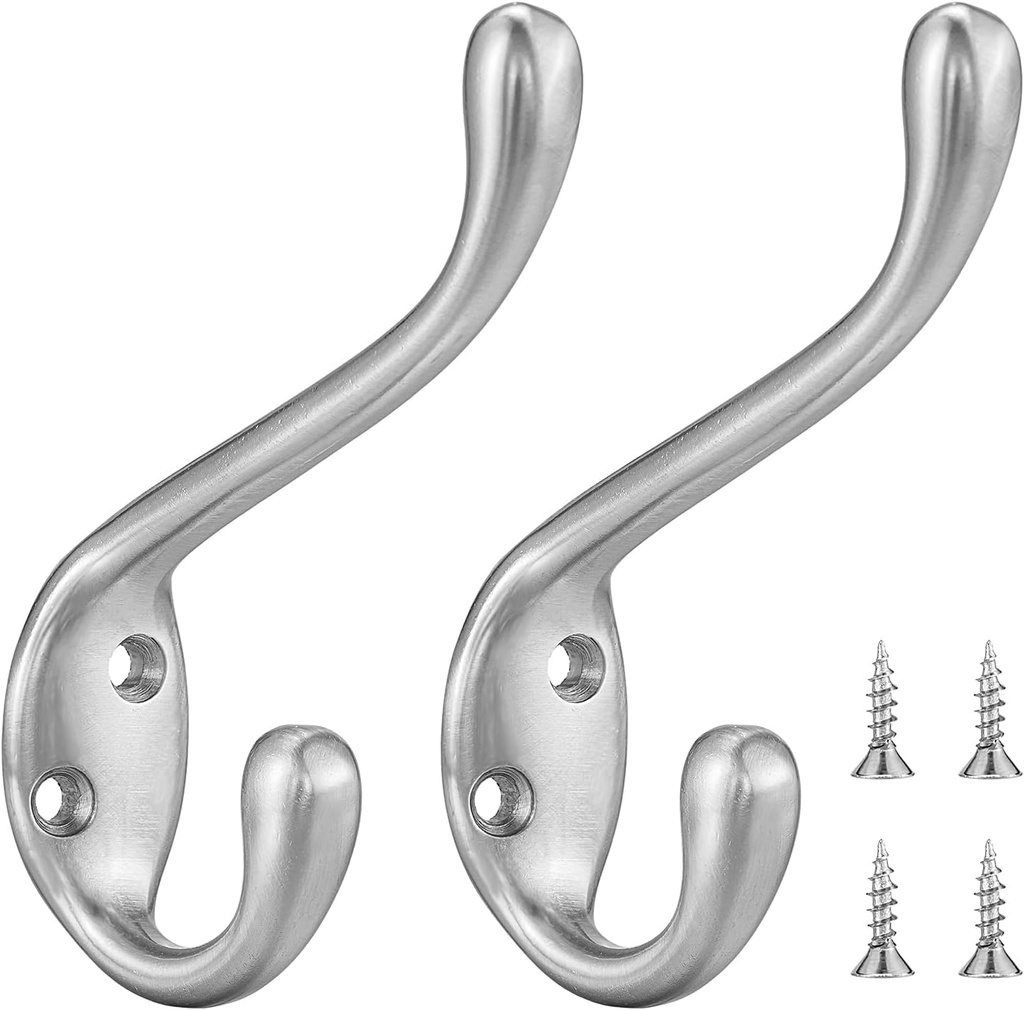 [BRSROHYBBMIAYDTH] Coat Hooks 5 Pack - Heavy Duty Wall Mounted Brushed Nickel Door Hooks Double Prong Hooks for Hanging Clothes/Towels - Sturdiness Design with Better Mounting System