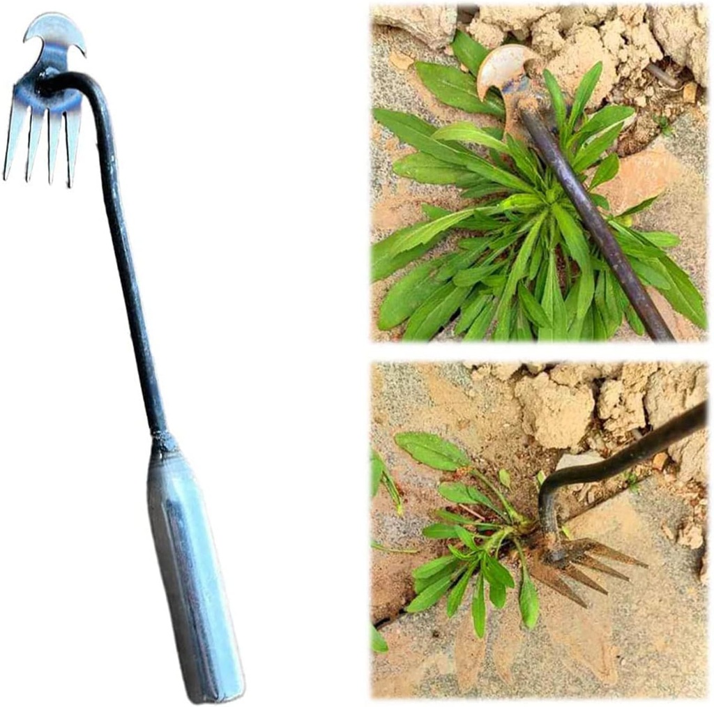 Weeding Artifact Uprooting Weeding Tool, Manganese Steel Forged Weed Puller 4 Teeth Dual Purpose Weeder, Weed Puller Hand Hoe Garden Tools (Iron Handle)