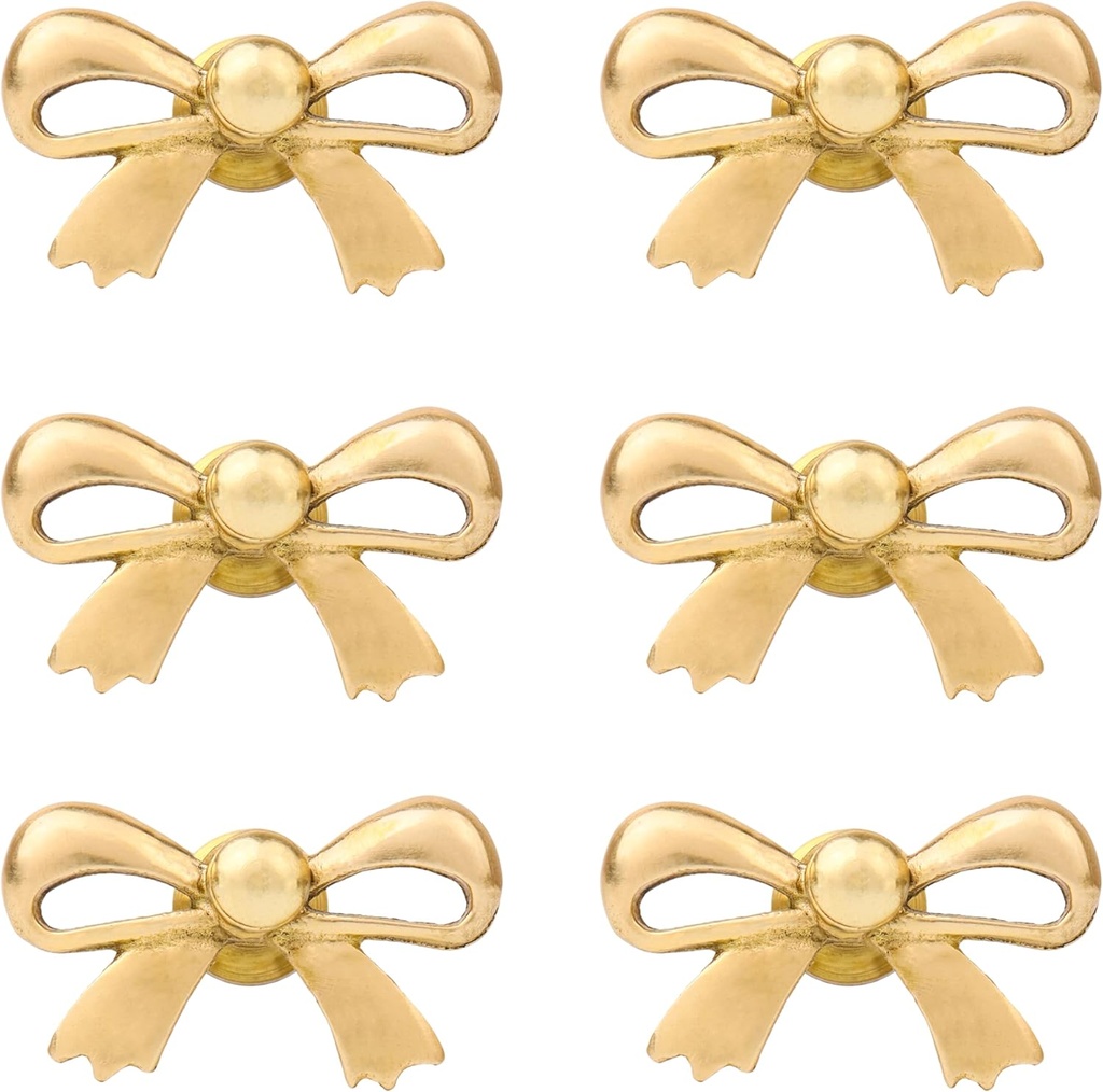 Indian Shelf 6 Pieces Brass Gold Bow Drawer Knobs for Kitchen Cabinet Hardware Nursery Door Decorative Tie Kids Dresser Knobs Pulls Premium Vintage
