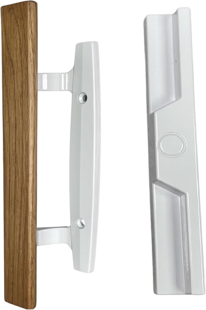 9-3/8" Mortise Style Reversible Sliding Patio Door Handle Set with Oak Wood Interior Handle + Exterior Pull in White Diecast Finish Fits 3-15/16” Screw Hole Space Non-Keyed Door Hardware