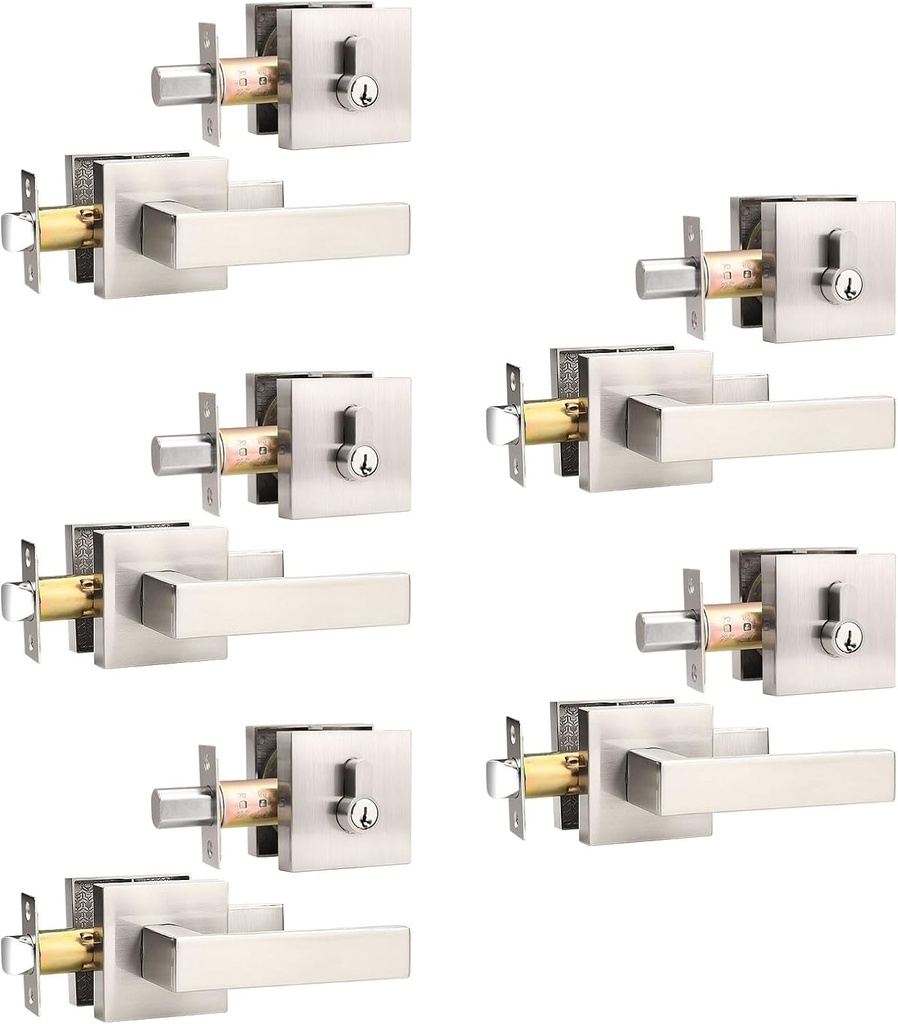 5 Pack Entry Door Lockset with Deadbolt, Satin Nickel Passage Lever and Keyed Alike Double Cylinder Deadbolt, Reversible Square DoorHandleset for Bedroom, Front Door