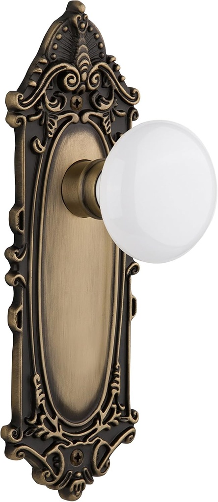 Nostalgic Warehouse Victorian Plate with White Porcelain Knob, Double Dummy, Antique Brass