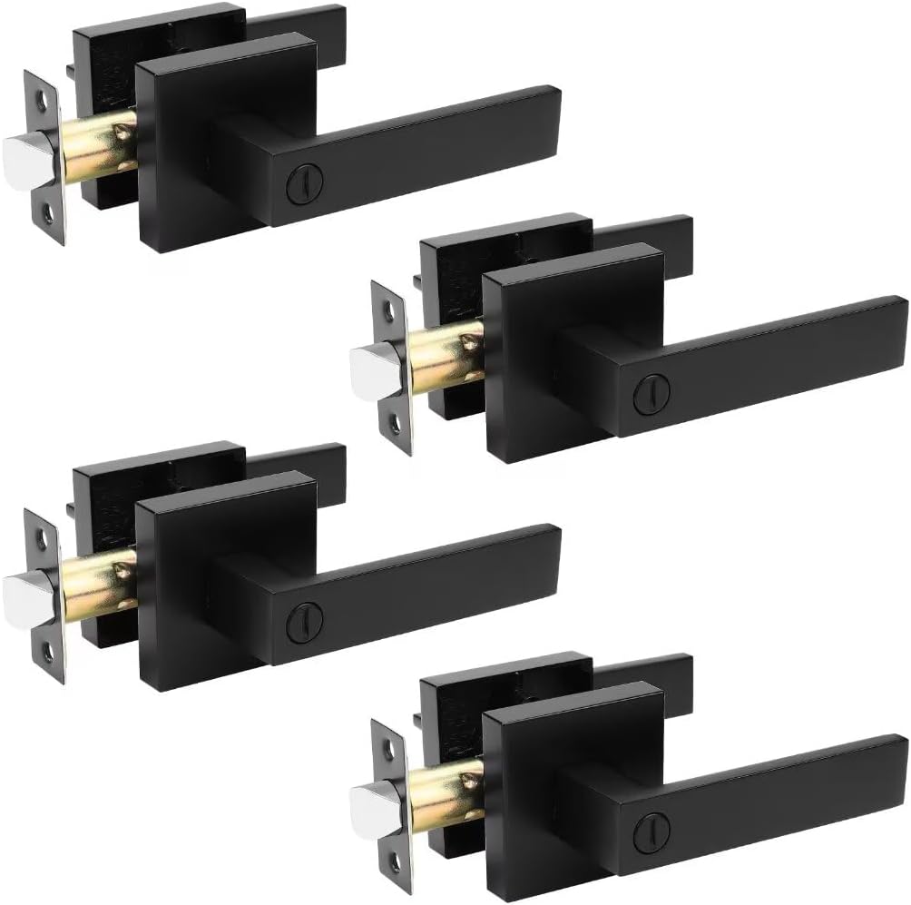 10 Pack Matte Black Privacy Door Lever for Bedroom or Bathroom, Keyless Square Locking Door Handle, Heavy Duty Interior Door Handle, Reversible for Left Right Doors