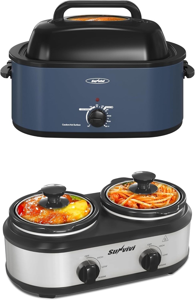 Roaster Oven And Dual Slow Cooker,24 Quart Electric Roaster Oven with Glass Lid,Buffet Server and Food Warmer.