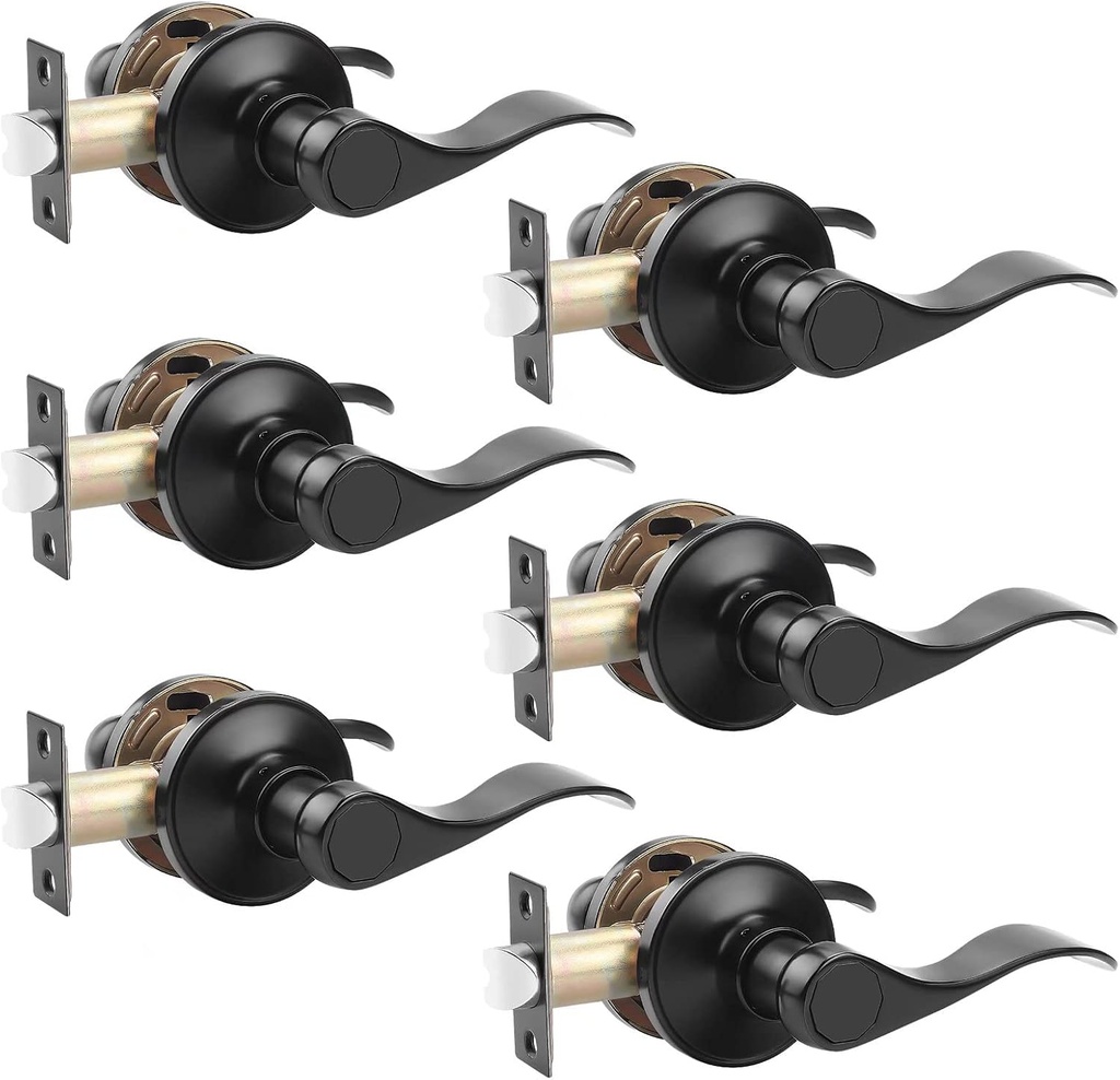 Probrico (6 Pack Passage Door Lever [Non-Locking Lever Set], Non-Locking Door Handle Set for Hallway or Closets, Keyless Black Finish Wave Door Lock, Reversible Right & Left Side Handed