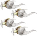 Contemporary Satin Nickel Passage Modern Door Lever Hardware (Hallway/Closets), Keyless Unlocking Wave Style Drop Interior Door Handle Set, Home or Office Use, Reverisable Door Locks 4 Pack