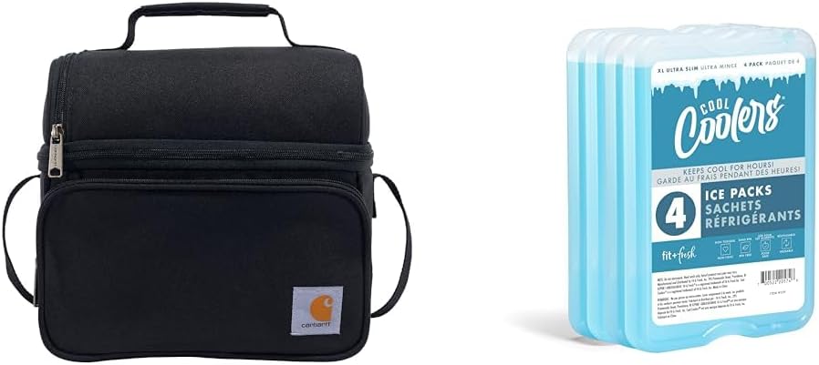 Carhartt Deluxe Dual Compartment Insulated Cooler Bag, Black & Fit & Fresh XL Cool Freezer Slim Ice Pack for Lunch Box, Set of 4, Large, Blue