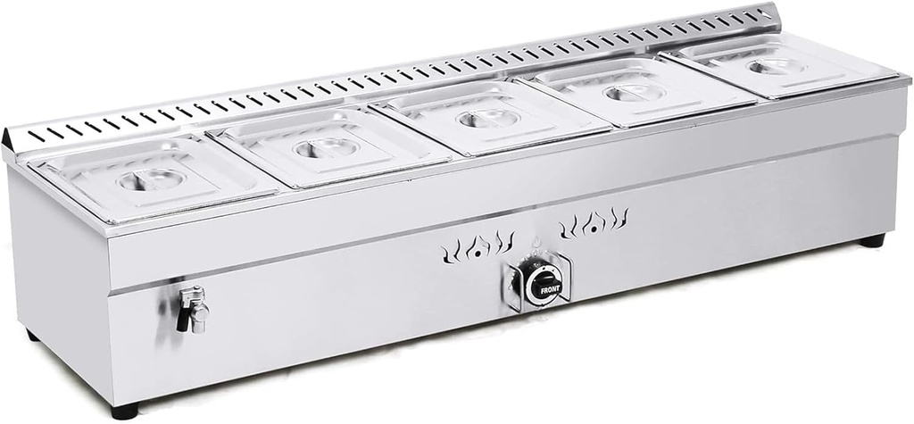 5-Pan LP Gas Food Warmer Propane Food Warmer Propane Steam Table Stainless Steel Bain Marie Buffet for Parties (with Gas Regulator Valve) 1/2 * 6inch Deep