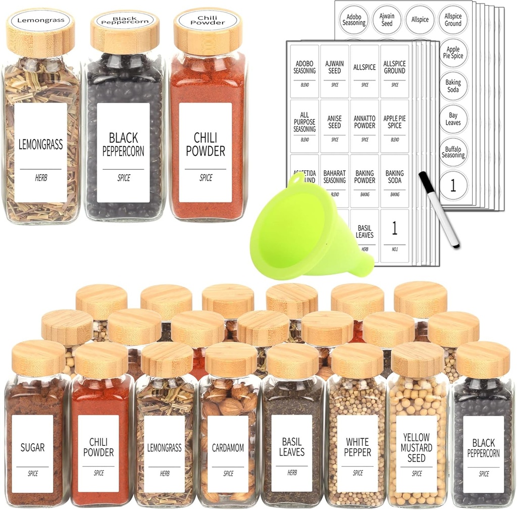 SWOMMOLY 24 Pcs Glass Jars with Labels, 8 oz Spice Bottles with Bamboo Lids, Empty Shaker Containers with 366 White Labels, Chalk Marker, Funnel Set