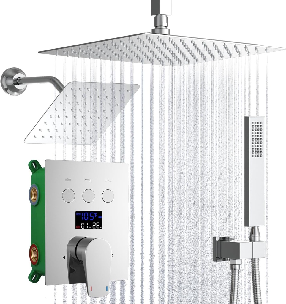 Dual Shower Heads Shower System with 12 Inch Ceiling Rainfall Shower Head and 8 Inch Side Shower Head Digital Display Shower Fixtures Luxury Shower Faucet Set,Chrome