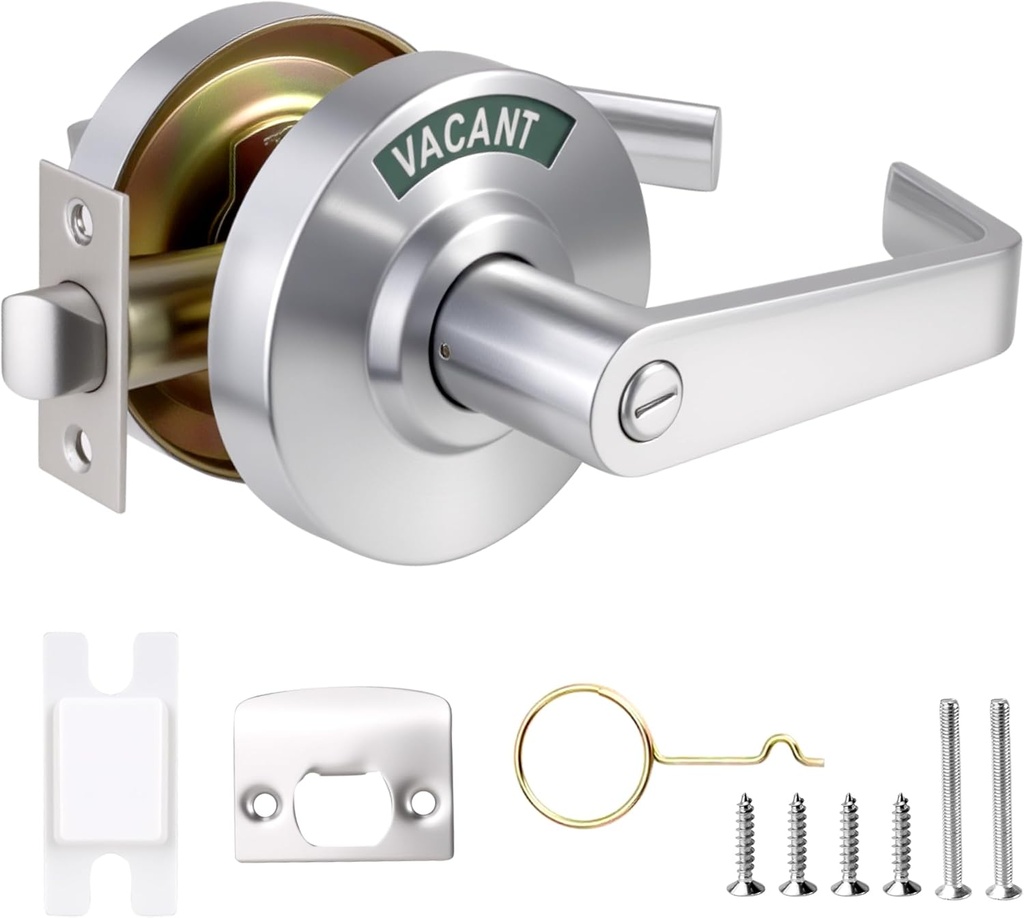Commercial Door Handle with Lock - Vacant Occupied Bathroom Lock | ANSI Grade 2 Stainless Steel | Quick Install | Reversible Handles for Public Bathrooms/Industrial/Office/Hospital (Silver)