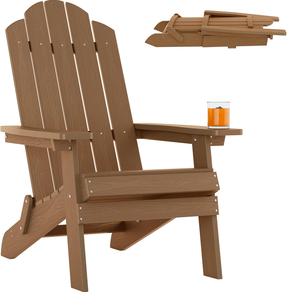 MXIMU Folding Adirondack Chair for Outdoor: Easy to Assemble and Comfortable Adirondack Chairs - All Weather Composite Plastic Chair for Outside Fire Pit Patio Lawn Garden Backyard Use(Teak)