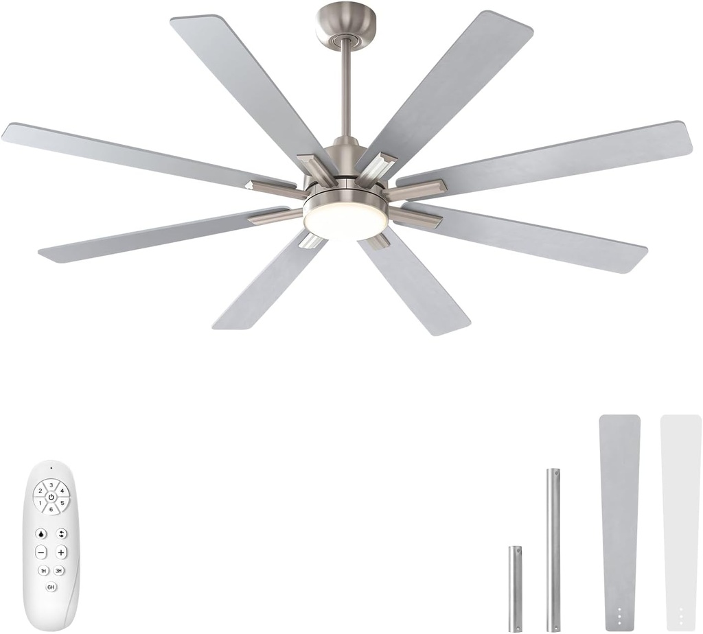 warmiplanet Ceiling Fans with Lights and Remote Control, 62-Inch, Reversible Silent DC Motor, 6 Speeds, 3 Color Dimmable LED Light, Timer, Nickel, 8-Blades