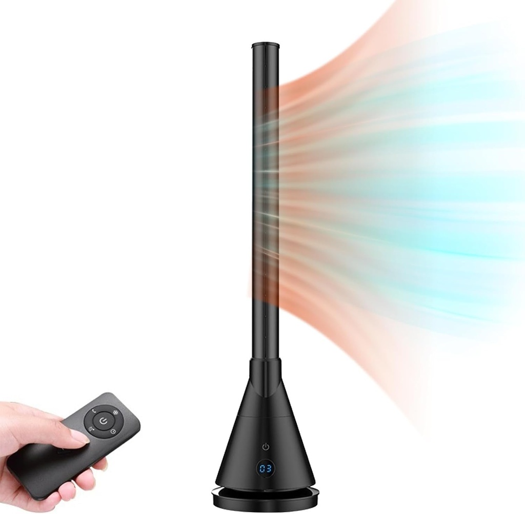 Tower Bladeless Heating and Cooling Fan； Bladeless Fan with Remote Control；Oscillating Fan/Standing Floor Fan for Home/Office/Room；Two temperatures for year-round use(Black)