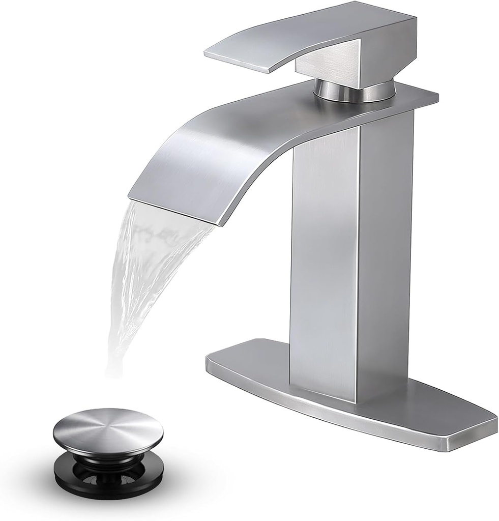 VAPSINT Brushed Nickel Waterfall Bathroom Faucet, Modern Single Handle Bathroom Sink Faucet for 1 or 3 Hole, Commercial Deck Mount Vanity Washbasin Mixer Tap with Deck Plate and Pop-up Drain