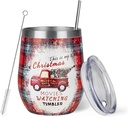 Christmas Wine Tumbler 12 oz Christmas Stainless Steel Wine Glass with Lid and Straw Stemless Double Wall Insulated Wine Cups Keeping Cold & Hot for Holiday Xmas Wedding Party Gifts (trucks)