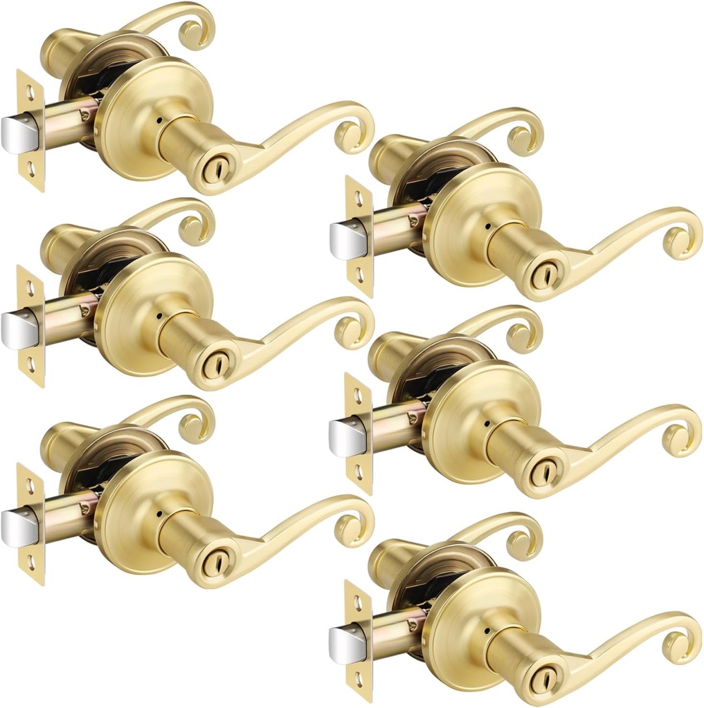 6 Pack Gold Door Handles, Wave Style Door Lever Privacy Door Handle, Keyless Interior Lever for Bedroom Bathroom, Satin Brass Finish
