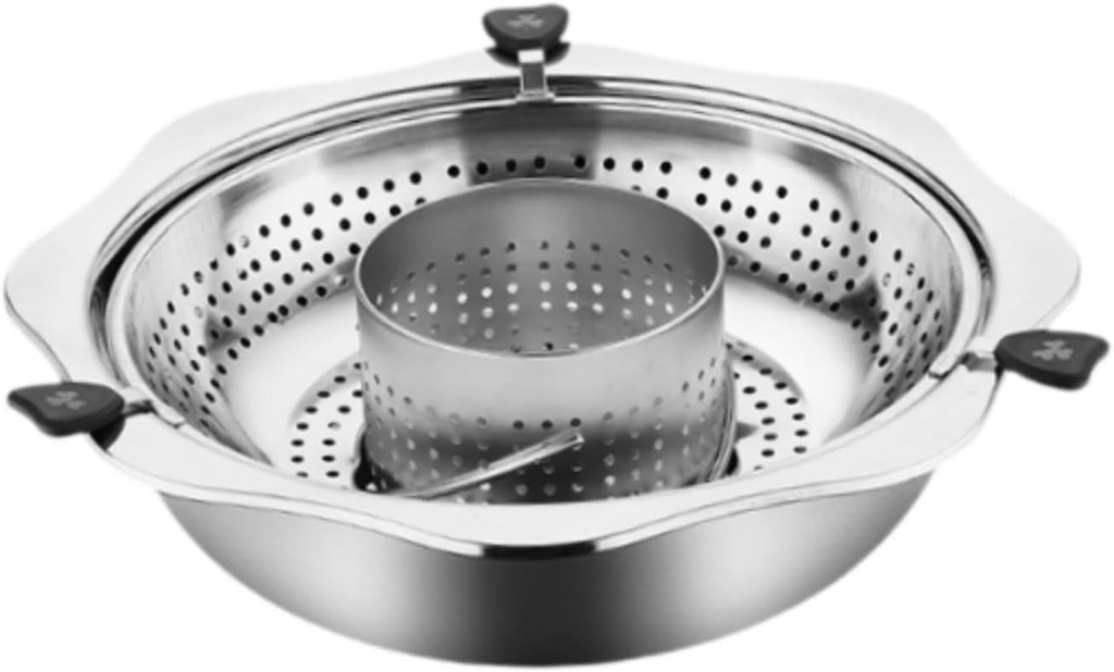 Hot Pot Rotating Hotpot Cooking Set Cooker with Divider Commercial Shabu Shabu Pot Soup Pot for Restaurant Picnic Party Home, with punching, 36cm