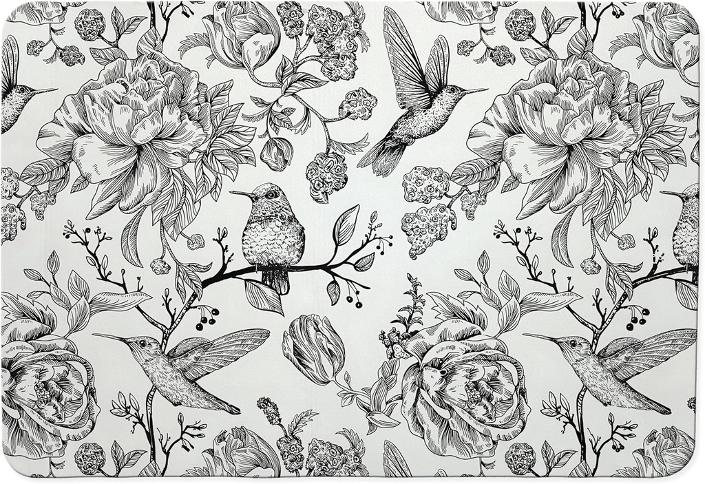 Black and White Floral Hummingbird Dish Drying Mat, Vintage Botanical Coffee Bar Mat for Countertops, Bird Flower Absorbent Dish Drying Mats for Kitchen Counter Coffee Maker, 16x24 Inch