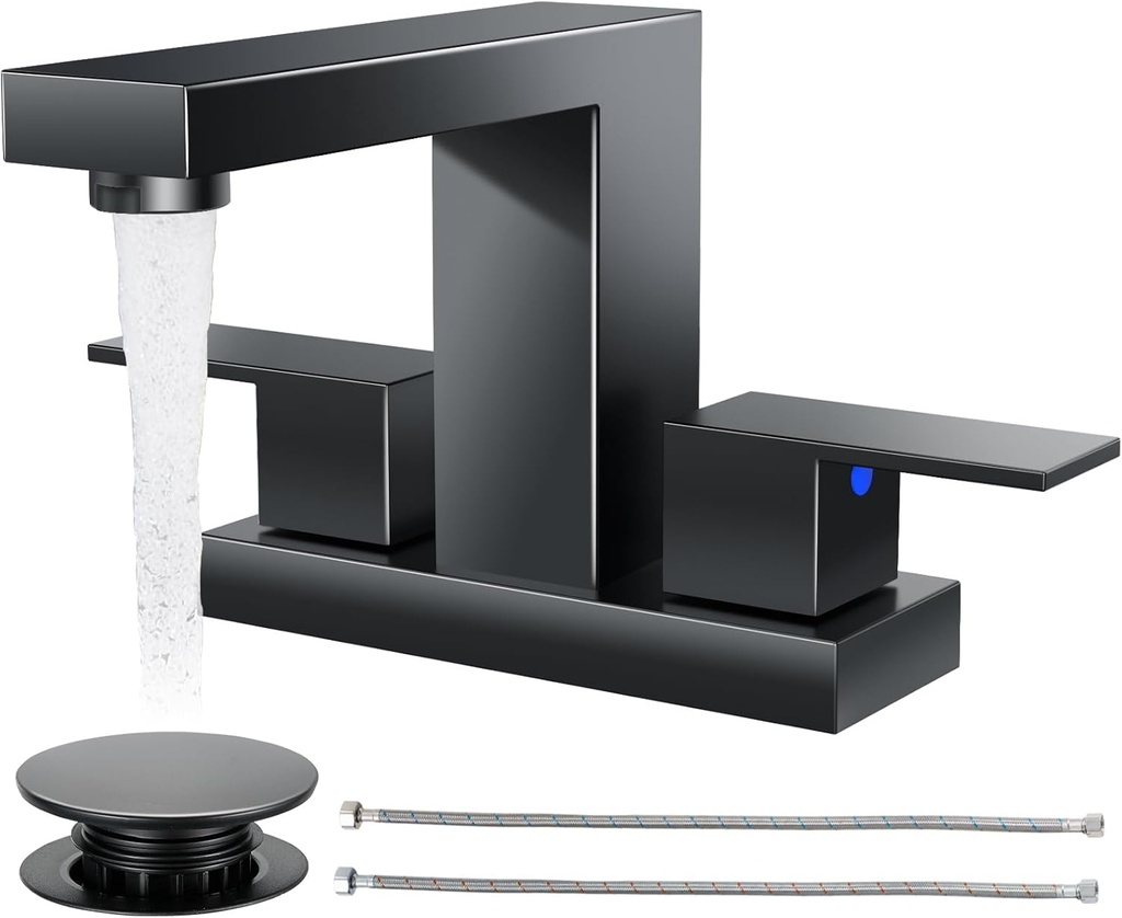 Cobbe Bathroom Faucets for Sink 3 Hole, Matte Black Bathroom Sink Faucet Square 4 Inch Centerset with Pop-Up Drain, 2 Handle and 2 Supply Hoses, Lead-Free Stainless Steel for Vanity, Rv, Farmhouse