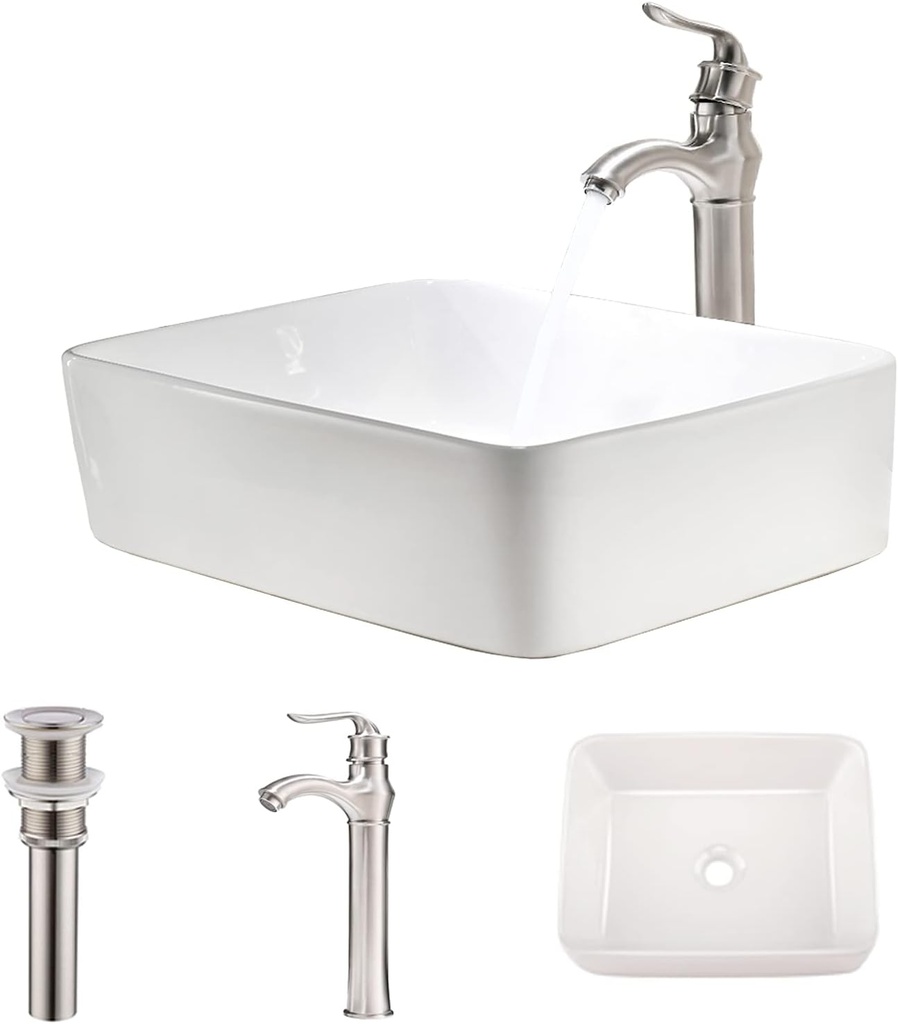 19 Inch Bathroom vessel Sink and Faucet Combo - VOKIM 19" x15"Artistic Porcelain Ceramic Vessel Sink Basin Washing Bowl Set, Cabinet Countertop Sink with Brushed Nickel Faucet Pop-up Drain